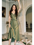 Vintage Sheath Spaghetti Straps Sleeveless Olive Green Prom Dresses Evening Dress HZ1024