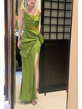 Vintage Sheath Spaghetti Straps Sleeveless Green Slit Prom Dresses Evening Dress HZ1024