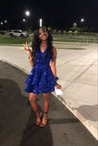 Sexy Women Royal Blue Sequin Homecoming Dress A line Spaghetti Straps With Ruffles HZ1024
