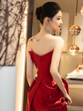 Sexy Mermaid Red Long Sweetheart Prom Dresses Satin Birthday Outfits HZ1024