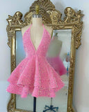 Sparkly Prom Dresses Short Sequin Halter Tiered Glitter Homecoming Dresses HZ1024