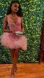 Cute V Neck Pink Short Homecoming Dress and Bottom Tulle Ruffles,Pink Birthday Outfit Dress HZ1024