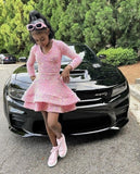 Pink Cocktail Dresses A-Line V-Neck Long Sleeve Shiny Sequin Homecoming Dresses HZ1024