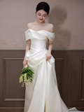 Elegant A line Off The Shoulder Satin Ruffles Long White Wedding Dresses HZ1024