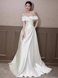 Elegant A line Off The Shoulder Satin Ruffles Long White Wedding Dresses HZ1024
