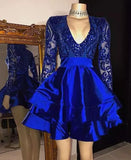 Long Sleeves V-Neck Lace Prom Dress Sequins Blue Short Homecoming Dresses HZ1024