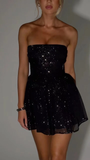 Sparkling V-neck A-line Mini Prom Dress With Bow Black Homecoming Dresses HZ1024
