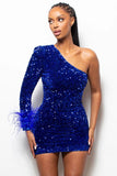 Sparkly One Shoulder Bodycon Velvet Feather Sequin Party Mini Dress Homecoming Dresses HZ1024