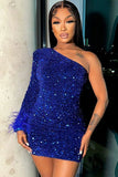 Sparkly One Shoulder Bodycon Velvet Feather Sequin Party Mini Dress Homecoming Dresses HZ1024