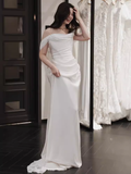 Simple A line Off The Shoulder Satin Ruffles Long White Wedding Dresses HZ1024