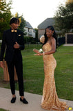 Simple Sheath Sweetheart Sequin Gold Long Prom Dresses HZ1024