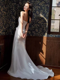 Simple Mermaid Sweetheart Satin Ruffles Long White Slit Wedding Dresses HZ1024