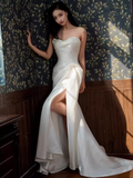 Simple Mermaid Sweetheart Satin Ruffles Long White Slit Wedding Dresses HZ1024
