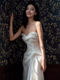 Simple Mermaid Sweetheart Satin Ruffles Long White Slit Wedding Dresses HZ1024