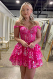 Pretty A-Line Off the Shoulder Hot Pink Sequin Lace Short Homecoming Dresses HZ1024