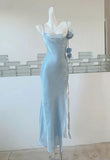 Classic Sheath Spaghetti Straps Light Sky Blue Prom Dress With Flower HZ1024