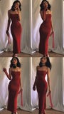 Classic Sheath Spaghetti Straps Long Red Prom Dresses With Slit HZ1024