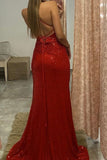 Gorgeous Long V-Neck Sleeveless Backless Sequined Mermaid Prom Dresses with Split HZ1024