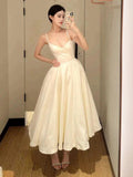 Sexy Ball Gown Spaghetti Straps White Satin Ankle Length Prom Dresses Evening Gowns HZ1024