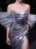 Sexy Mermaid Strapless Sequin Silver Slit Prom Dresses Long Birthday Outfits HZ1024