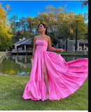 Classic A line Pink Strapless Long Prom Dress With Slit HZ1024