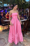 Classy Ball Gown Strapless Pink Floor Length Satin Slit Prom Dresses Prom Gowns HZ1024