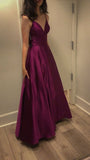 Classy A line Spaghetti Straps Grape Floor Length Satin Black Prom Dresses Prom Gowns HZ1024