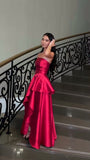 Classy A line Strapless Ruffles Floor Length Satin Prom Dresses Prom Gowns HZ1024