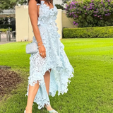 Classy High Low Halter Light Sky Blue Satin Prom Dresses With Flowers Backless Prom Gowns HZ1024