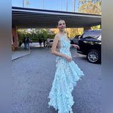 Classy High Low Halter Light Sky Blue Satin Prom Dresses With Flowers Backless Prom Gowns HZ1024