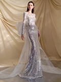 Sexy Mermaid Scoop Neckline Silver Sequin Prom Dresses Long Birthday Outfits HZ1024