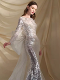 Sexy Mermaid Scoop Neckline Silver Sequin Prom Dresses Long Birthday Outfits HZ1024