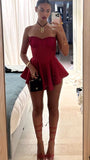 Cute A Line Strapless Burgundy Sleeveless Satin Homecoming Dresses Short Cocktail Dress HZ1024