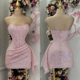 Cheap Sheath Strapless Pink Sequin Homecoming Dresses Short Birthday Outfits HZ1024