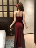 Fancy Sheath Straps Burgundy Black Long Prom Dresses HZ1024