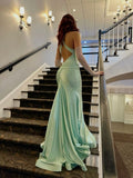 Fancy Mermaid Straps Backless Mint Green Long Prom Dresses HZ1024