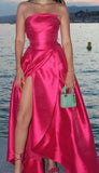 Fancy A line Strapless Hot Pink Slit Satin Long Prom Dresses HZ1024