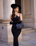 Pretty Sheath Spaghetti Straps Black Long Prom Dresses With Gloves Evening Dress HZ1024