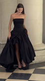 Pretty Ball Gown Strapless Black Satin Long Prom Dresses With Ruffles Evening Dress HZ1024