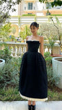 Cute Ball Gown Strapless Black Satin Ankle Length Prom Dresses With Ruffles Evening Dress HZ1024