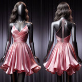 Simple A Line Halter Pink Short Birthday Outfits Satin Homecoming Dresses HZ1024