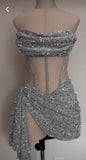 Sexy Sheath Strapless Gray Sequin Short Birthday Outfits Homecoming Dresses HZ1024