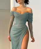 Fancy Sheath Off The Shoulder Sequin Burgundy Slit Long Prom Dresses HZ1024