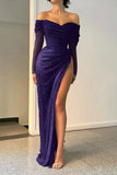Fancy Sheath Off The Shoulder Sequin Burgundy Slit Long Prom Dresses HZ1024