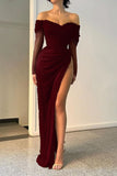 Fancy Sheath Off The Shoulder Sequin Burgundy Slit Long Prom Dresses HZ1024