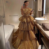 Fancy Ball Gown Strapless Gold Sequin Long Prom Dresses Evening Dress HZ1024