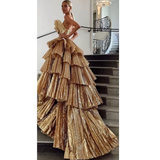 Fancy Ball Gown Strapless Gold Sequin Long Prom Dresses Evening Dress HZ1024