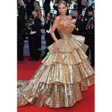 Fancy Ball Gown Strapless Gold Sequin Long Prom Dresses Evening Dress HZ1024