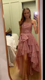 Fancy High Low Strapless Pink Sequin Long Prom Dresses Evening Dress HZ1024