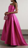 Fancy A Line Strapless Hot Pink Satin Long Prom Dresses Ruffles Evening Dress HZ1024